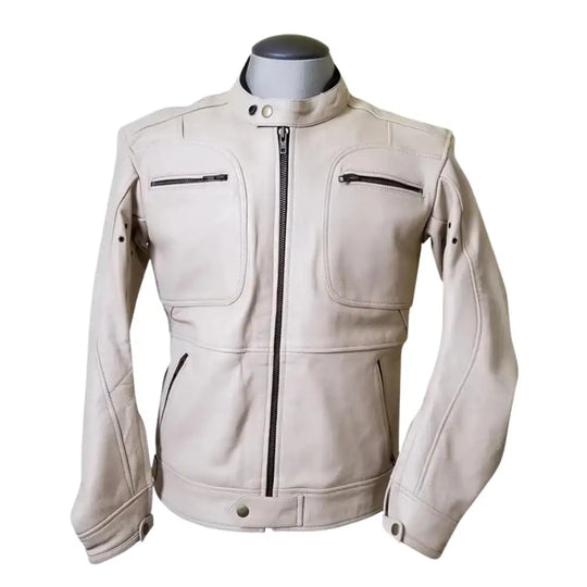 Front view of a beige leather motorcycle jacket, featuring a sophisticated light-tan finish with a classic zip-front and minimalist collar.