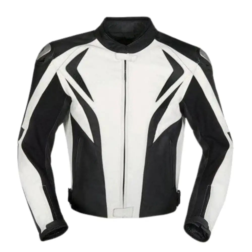 Front view of the black and white armored leather jacket, featuring a bold "V-shaped" white chest panel against a premium black leather base.