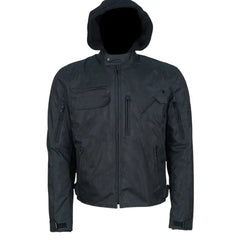 Front view of a black waterproof leather motorcycle jacket featuring sealed seams, zippered air vents on the chest, and a high-neck storm collar.