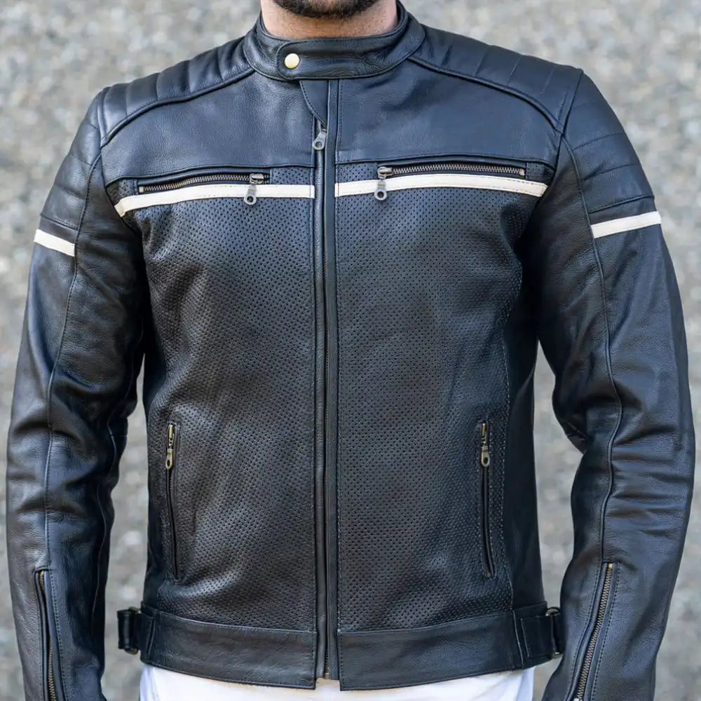 Front view of a black cafe racer leather jacket featuring a streamlined fit, center zipper, and iconic snap-tab mandarin collar.