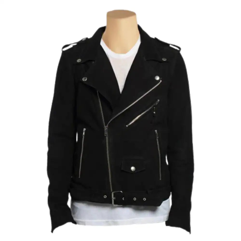 Biker style suede leather jacket with waist belt