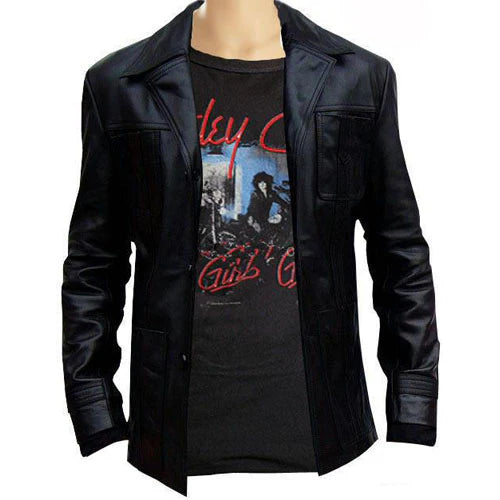 Black leather blazer over a graphic t-shirt on a mannequin against a white background.