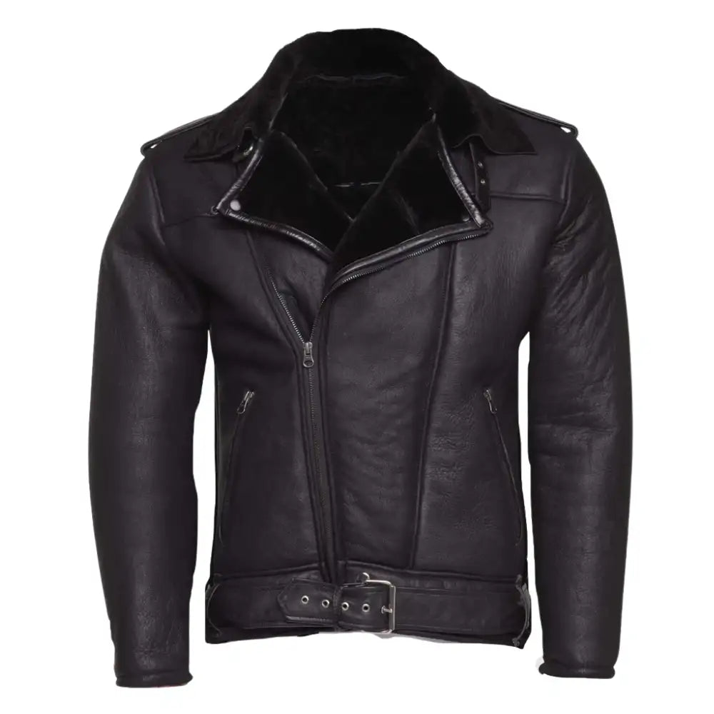 Black on black belted shearling leather biker jacket shown from the front