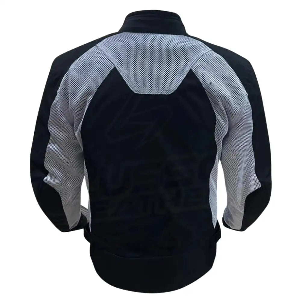 Back view showing the black leather torso with white shoulder accents, featuring an aerodynamic cut and reinforced stitching for rider safety.