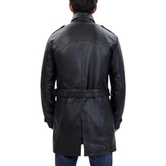Model wearing Black Leather Belted and Double Breasted Trench Coat back view black leather coat