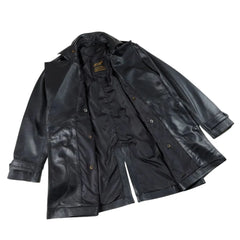 Black Leather Belted and Double Breasted Trench Coat side profile black leather trench coat silhouette