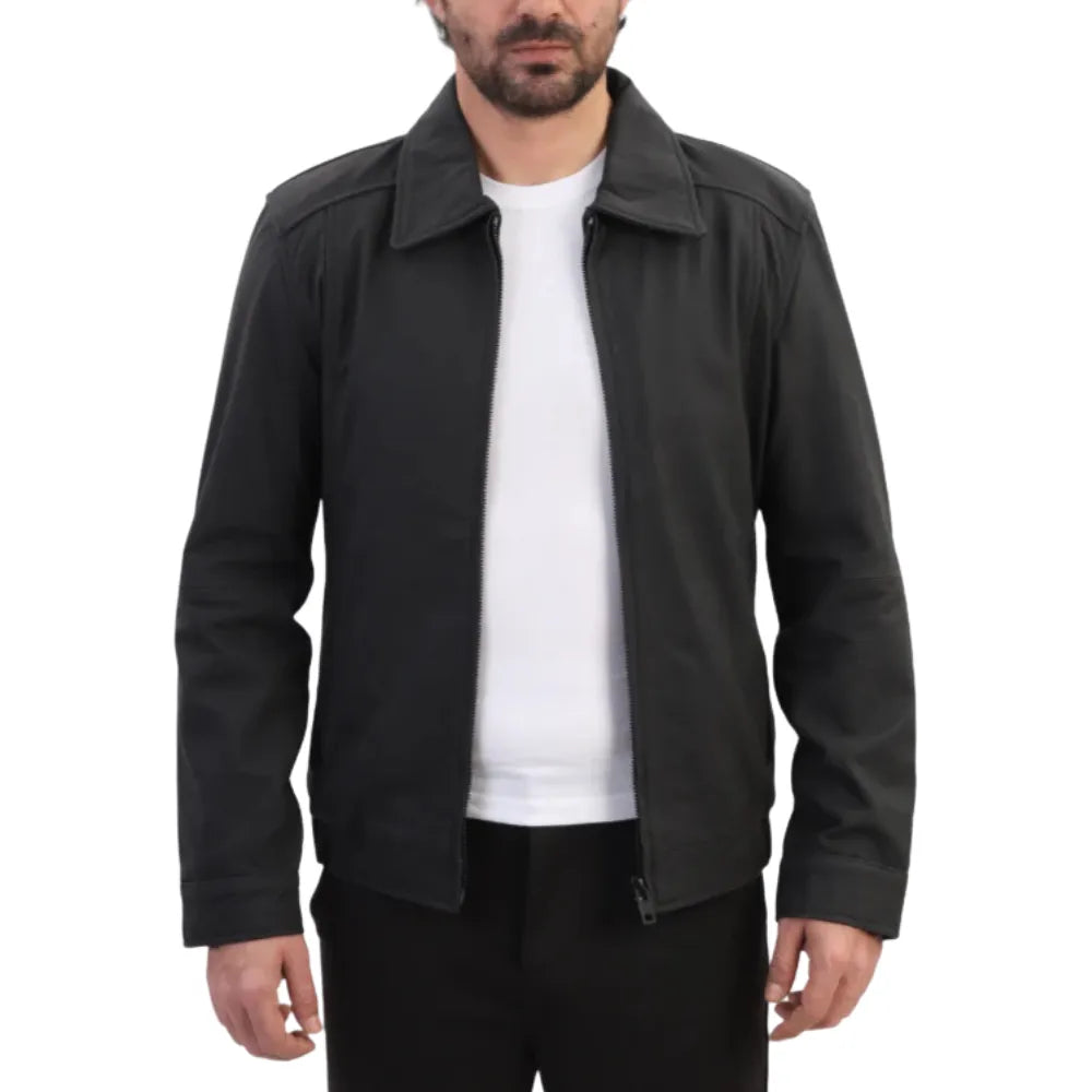 Model wearing Blaze Matte Black Classic Leather Jacket black leather jacket outfit