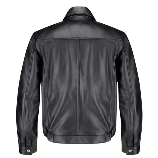 Bomber Leather Jacket with Spread Collars back profile classic black leather jacket