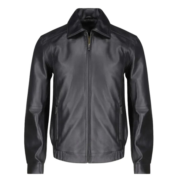 Bomber Leather Jacket with Spread Collars