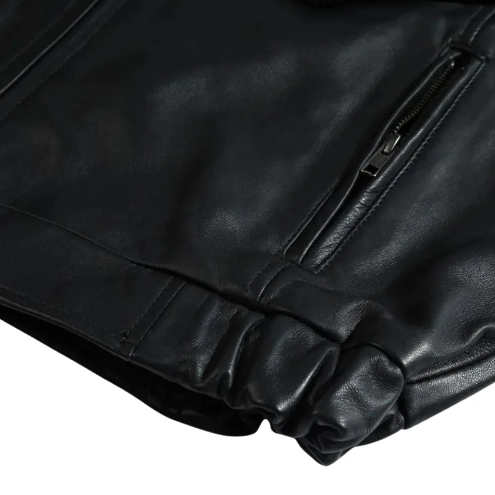 Bomber Leather Jacket with Spread Collars sleeve detail black leather bomber jacket cuff
