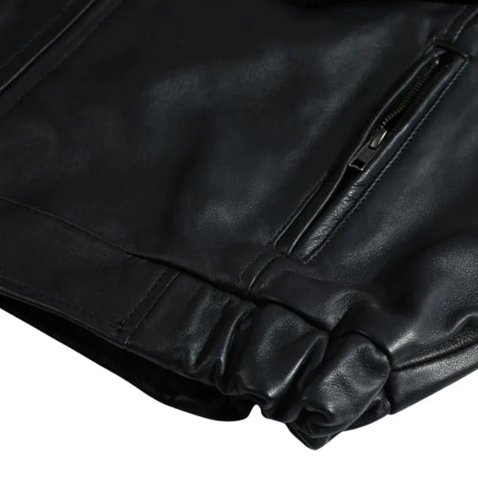 Bomber Leather Jacket with Spread Collars sleeve detail black leather bomber jacket cuff