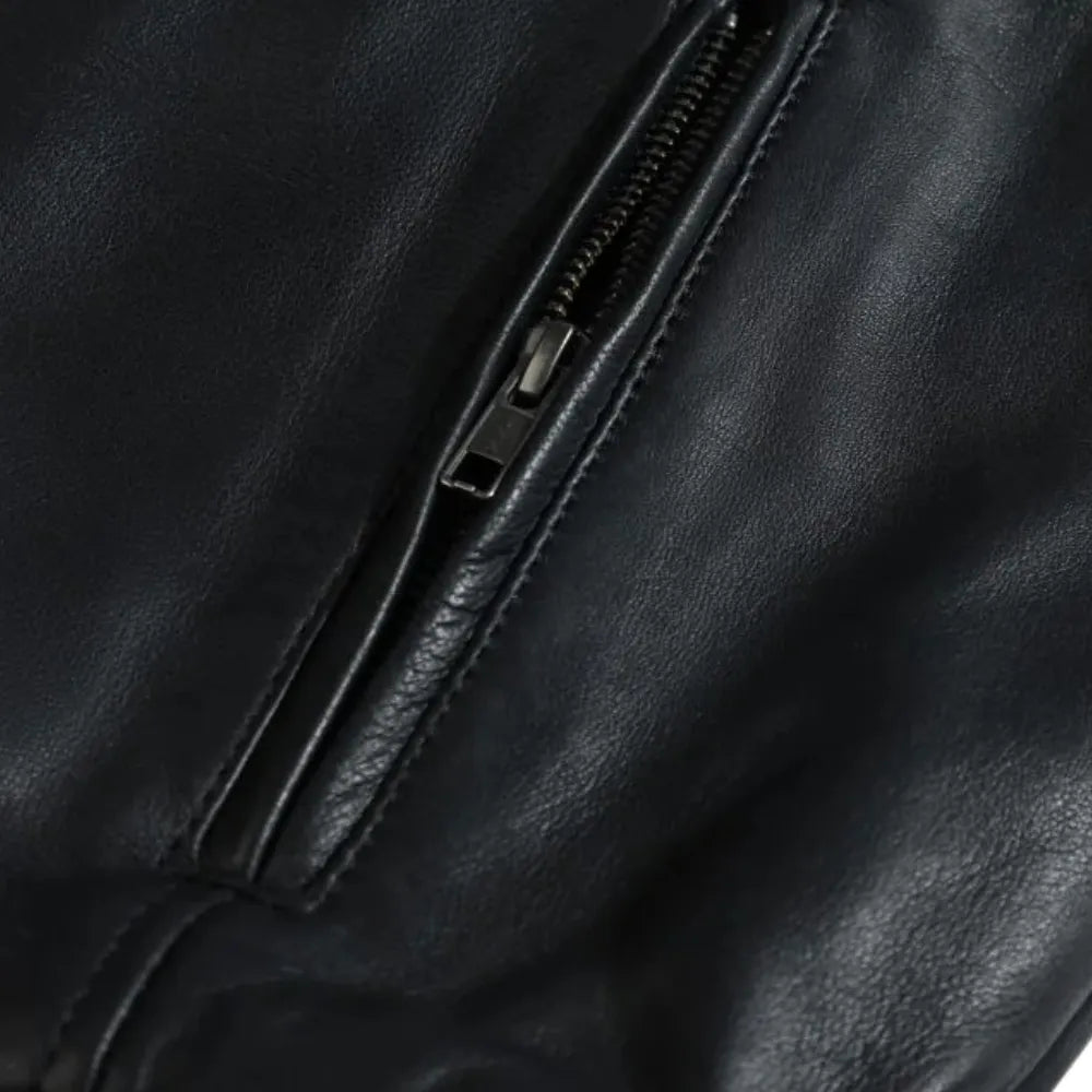Bomber Leather Jacket with Spread Collars close up zipper on leather bomber jacket