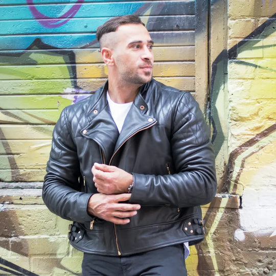 Model wearing Brandford's Quilted Leather Biker Jacket quilted leather outfit