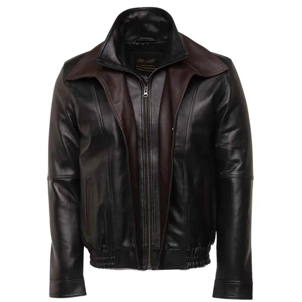 Front view of the Byrnes brown and black aviator leather jacket, highlighting the sleek vertical stitching with one open zip closure.