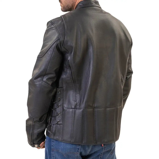 Detailed shot of the oxidized black hardware and the precision-engineered zippers that blend seamlessly into the jacket's dark aesthetic.