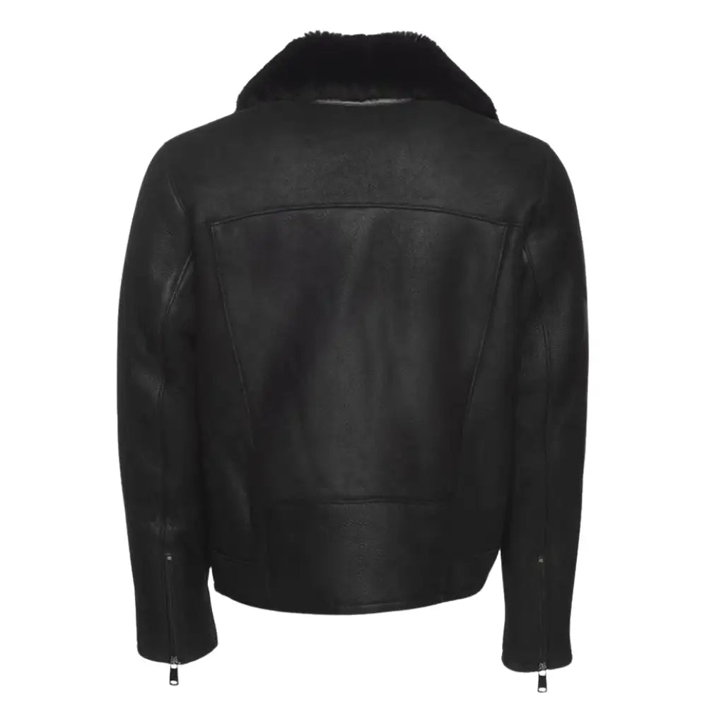 Rear profile of Carters Black Leather Biker Shearling Jacket highlighting structured biker design