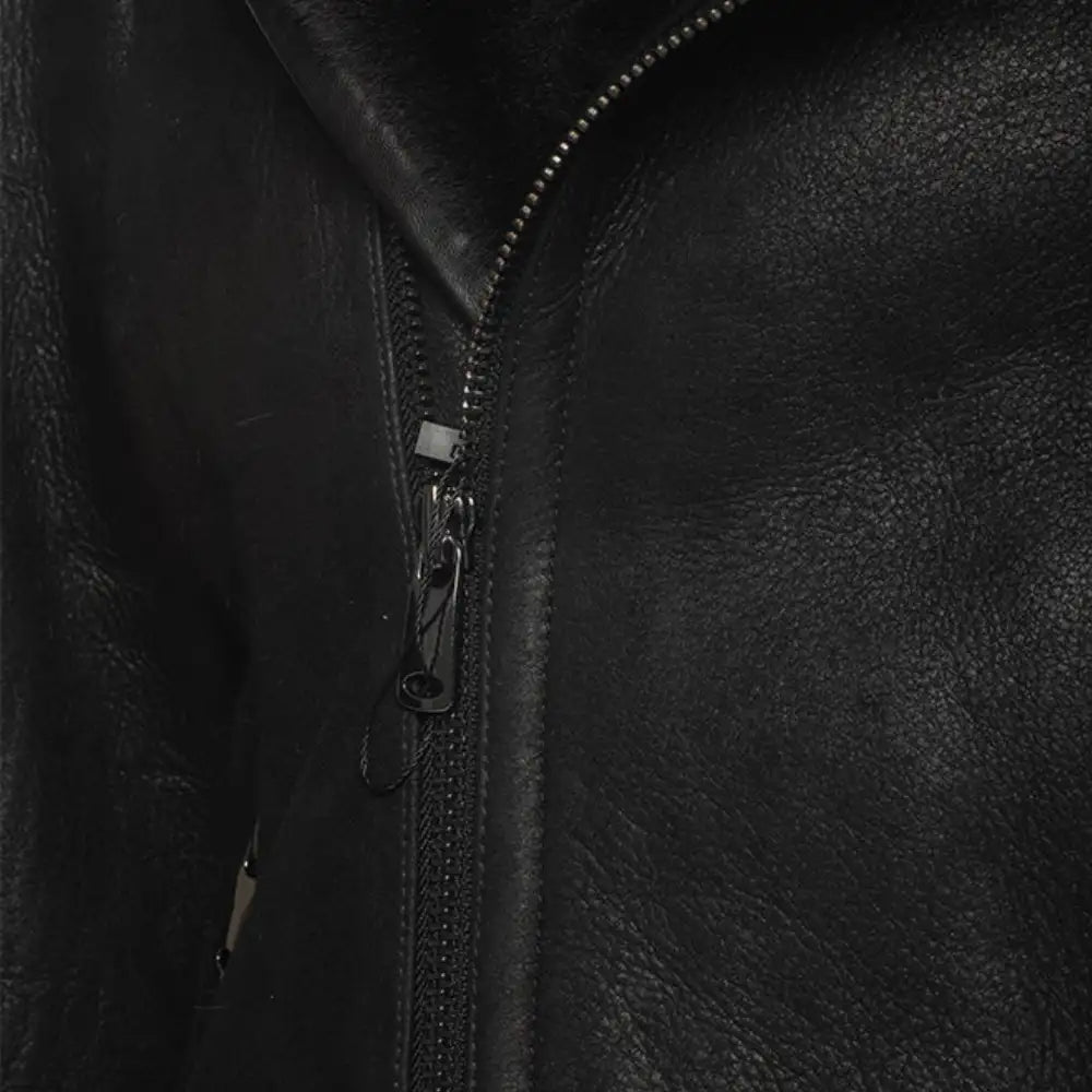 Closeup of zipper hardware on Carters Black Leather Biker Shearling Jacket
