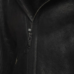 Closeup of zipper hardware on Carters Black Leather Biker Shearling Jacket