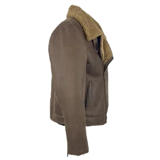 Side profile of Carter's Brown Shearling Leather Biker Jacket highlighting shearling lining