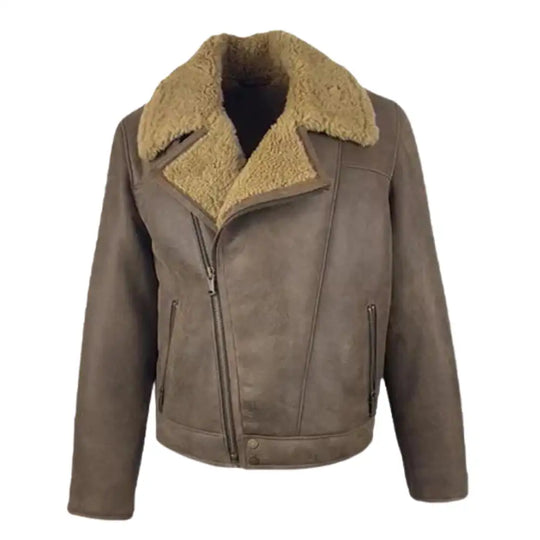 Front view of Carter's Brown Shearling Leather Biker Jacket with classic zipper closure