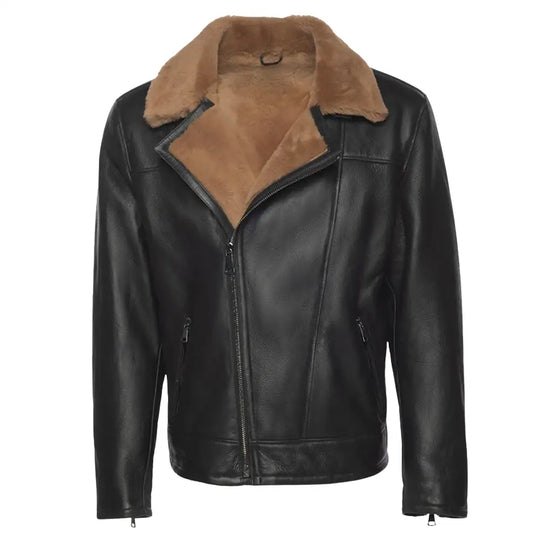 Front view of the Carters ginger brown biker shearling jacket with a classic zipper closure and shearling trim.