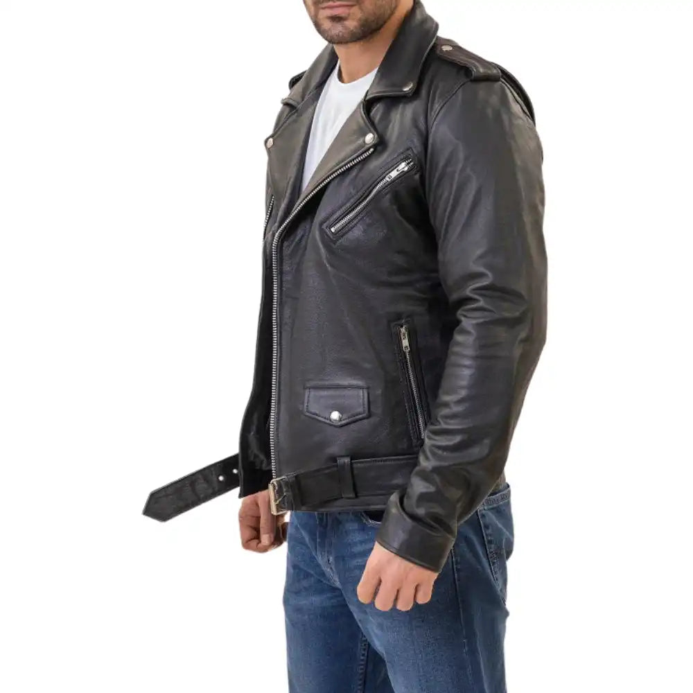 A side view of the model wearing the armored leather motorcycle jacket, demonstrating the structured, protective fit and classic cafe racer aesthetic.