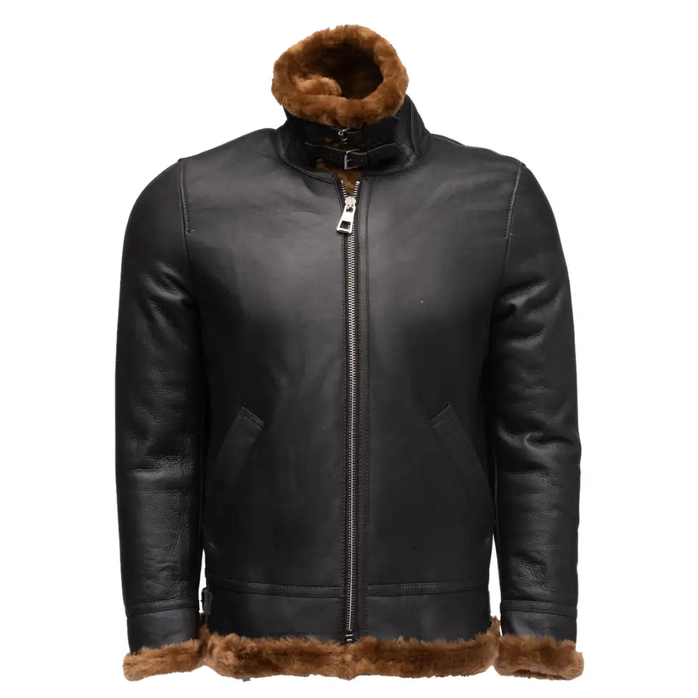 Close-up view of the Classic Ginger Brown B3 Bomber Aviator Shearling Jacket with the front closure, showcasing the full shearling collar and leather material."