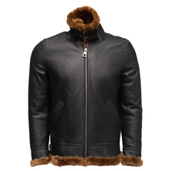 Close-up view of the Classic Ginger Brown B3 Bomber Aviator Shearling Jacket with the front closure, showcasing the full shearling collar and leather material."