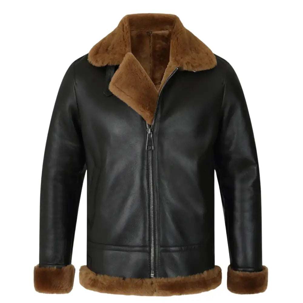Front view of the Classic Ginger Brown B3 Bomber Aviator Shearling Jacket, featuring a sleek leather exterior and a cozy shearling collar.