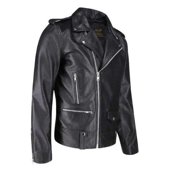 Side view of the classic leather biker jacket with epaulette details and a tailored fit.