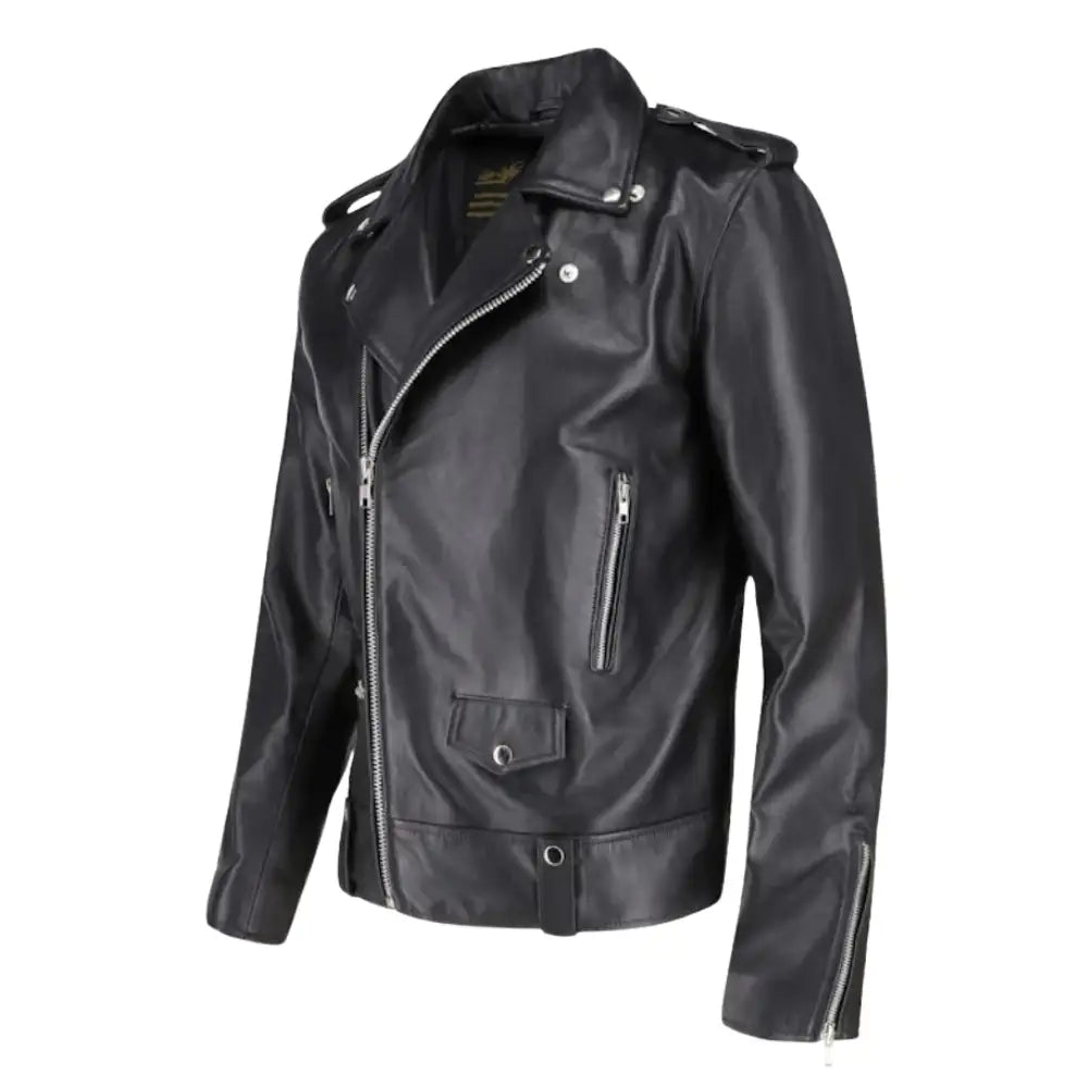 Side view of the classic leather biker jacket with epaulette details and a tailored fit.