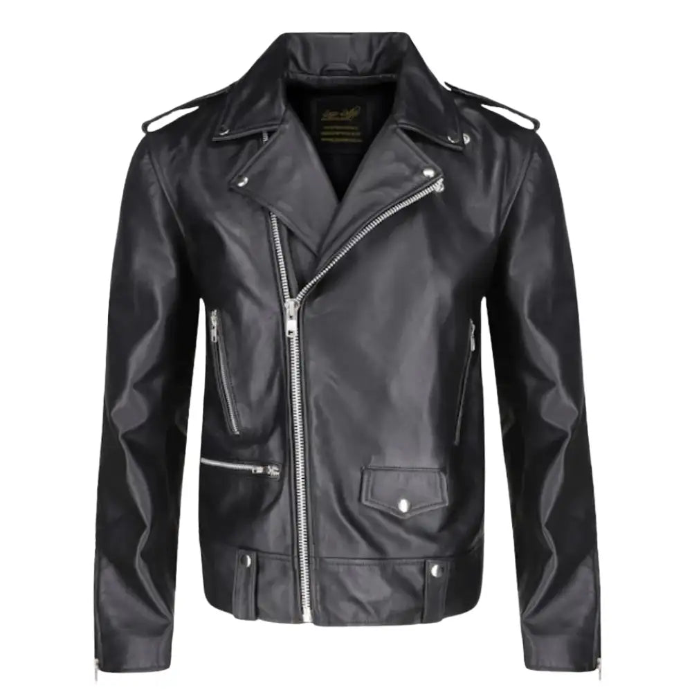 Front view of the classic leather biker jacket with epaulette shoulder straps and sleek zipper detailing.