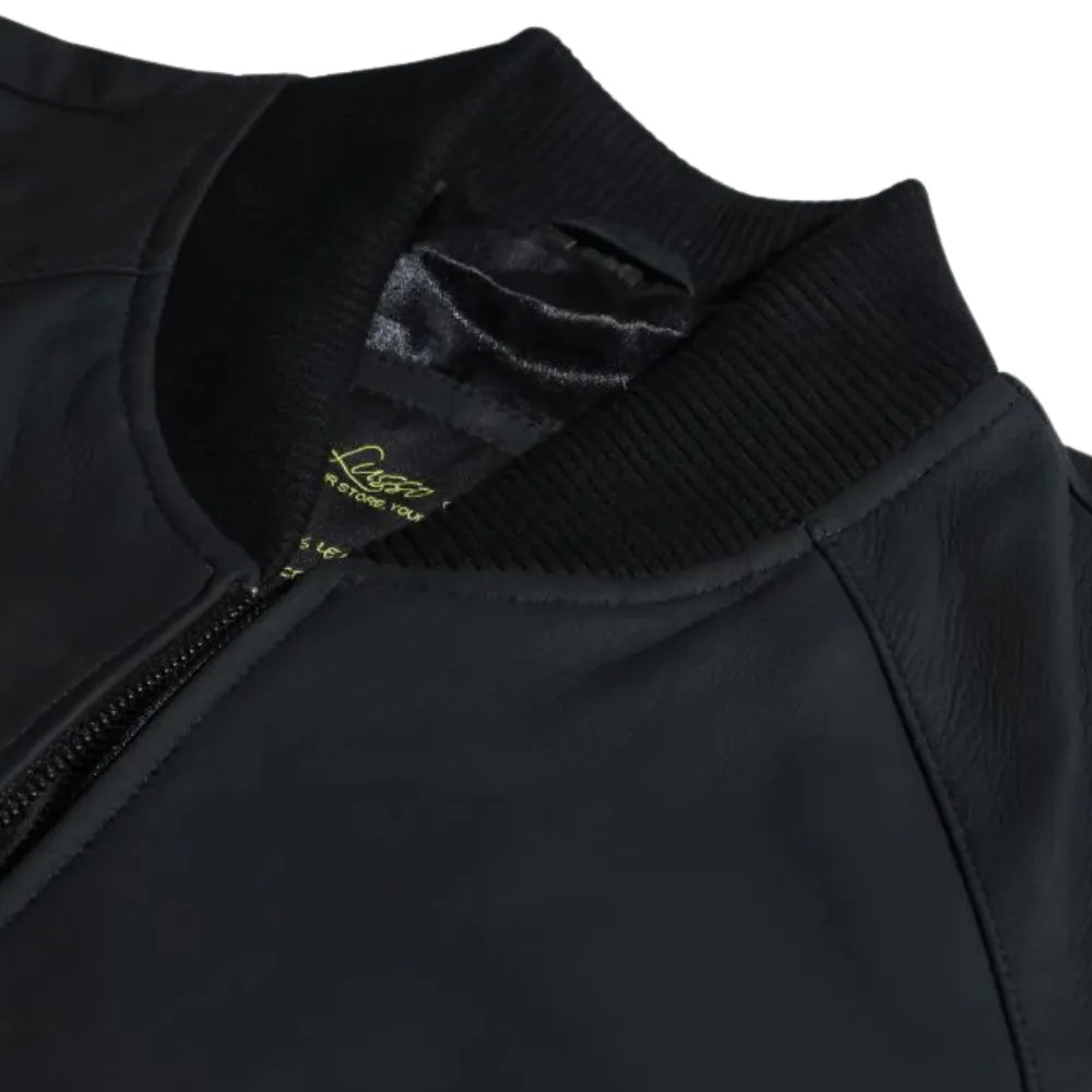 Colt Matte Black Ribbed Bomber Jacket close up matte leather texture on bomber jacket