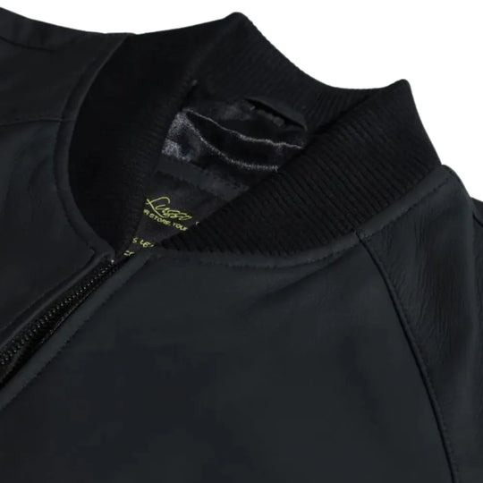 Colt Matte Black Ribbed Bomber Jacket close up matte leather texture on bomber jacket
