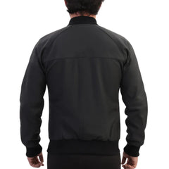 Model wearing Colt Matte Black Ribbed Bomber Jacket back view black leather bomber jacket
