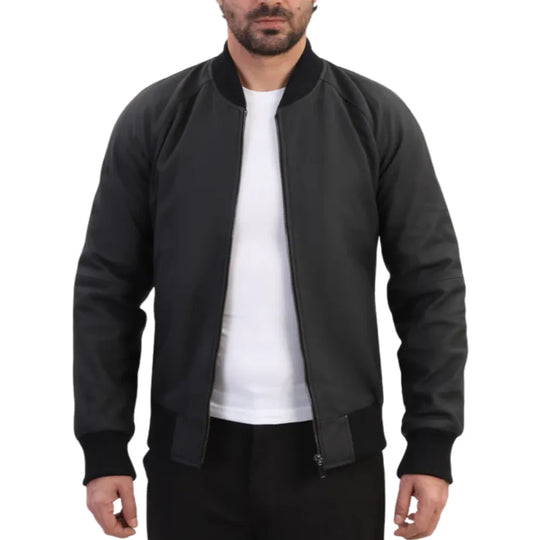 Model wearing Colt Matte Black Ribbed Bomber Jacket black leather bomber jacket outfit