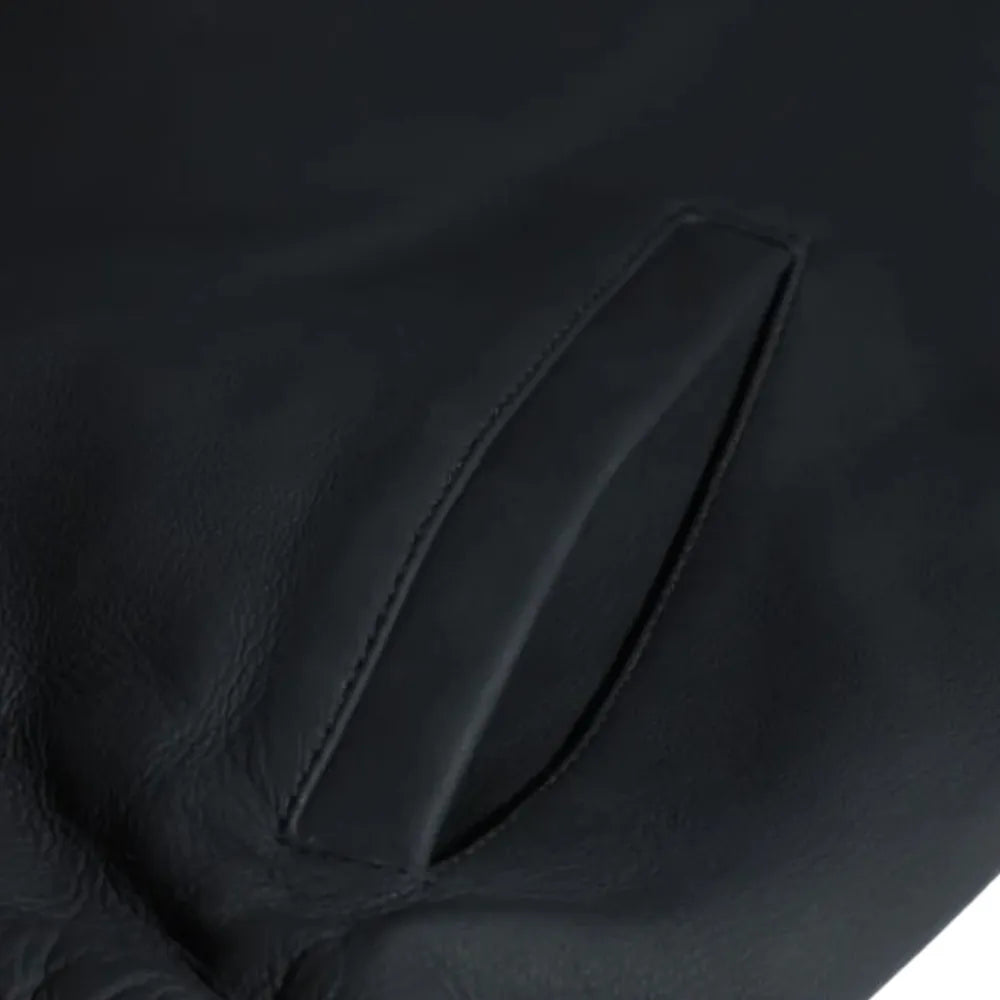 Colt Matte Black Ribbed Bomber Jacket close up of pocket on leather bomber jacket