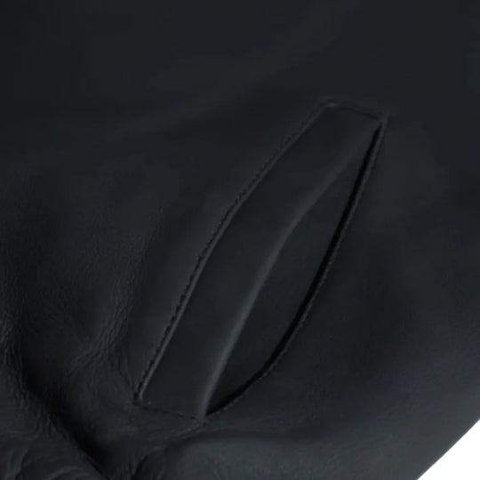 Colt Matte Black Ribbed Bomber Jacket close up of pocket on leather bomber jacket