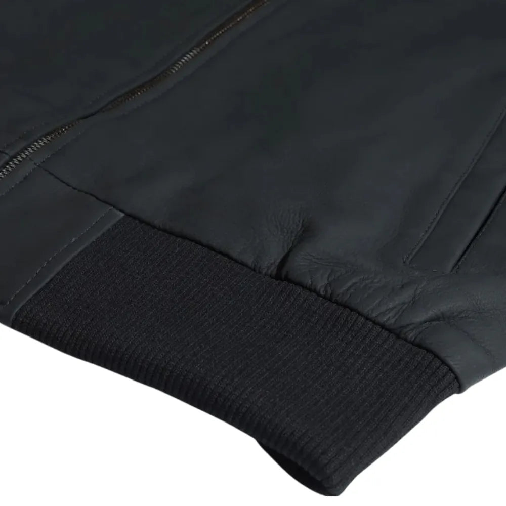 Colt Matte Black Ribbed Bomber Jacket sleeve detail showing ribbed cuff texture