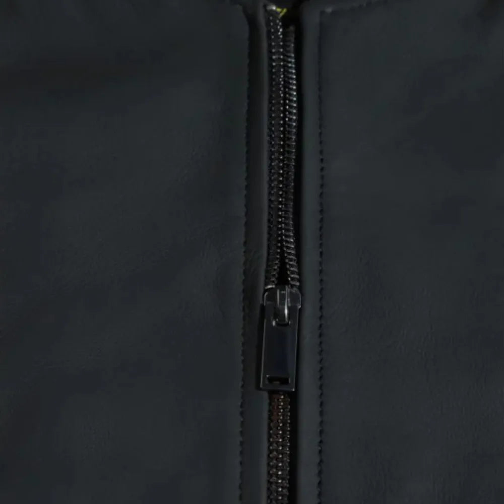 Colt Matte Black Ribbed Bomber Jacket metal zipper closure detail