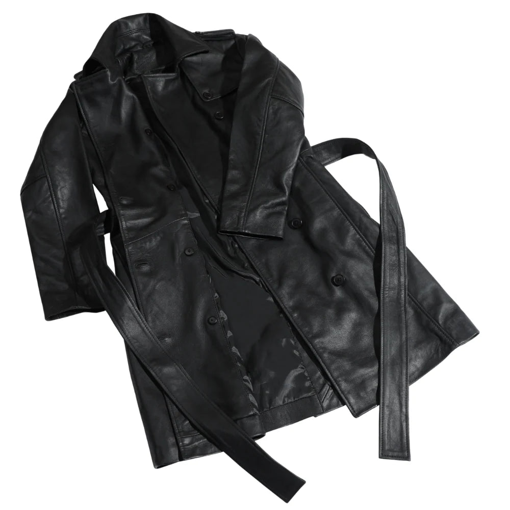 Full view of the coral black leather coat, highlighting the high-quality tonal lining and interior pocket.