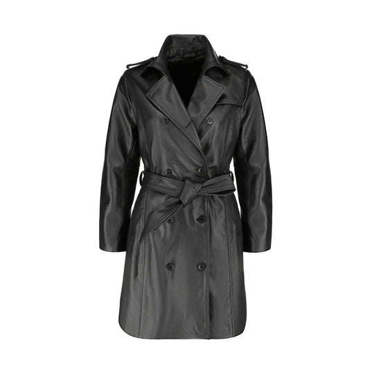 Front view of the coral black belted leather coat, featuring a sleek button-down front and matching waist belt.