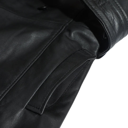 Close-up of a pocket of a black leather coat on a white background.