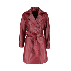 Front view of the coral red belted leather coat featuring a vibrant finish and a matching cinched waist belt.