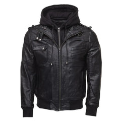 Daniel Clark Iron Hawk Hooded Bomber Jacket front view hooded leather bomber jacket with modern design