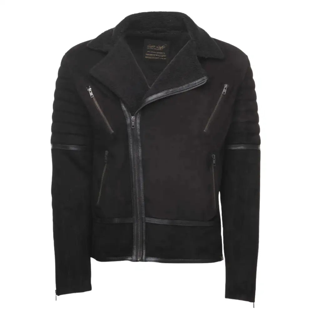 David black suede biker jacket with sherpa