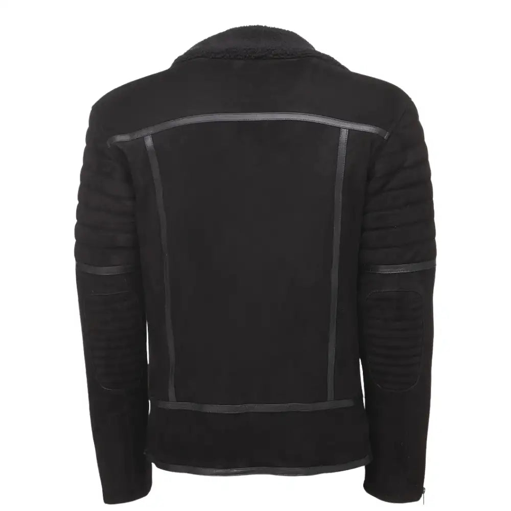Back view of David Black Suede Leather Biker Jacket highlighting clean panel design