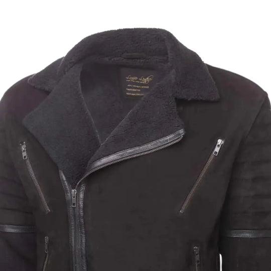 Front angle of David Black Suede Leather Biker Jacket in soft black suede
