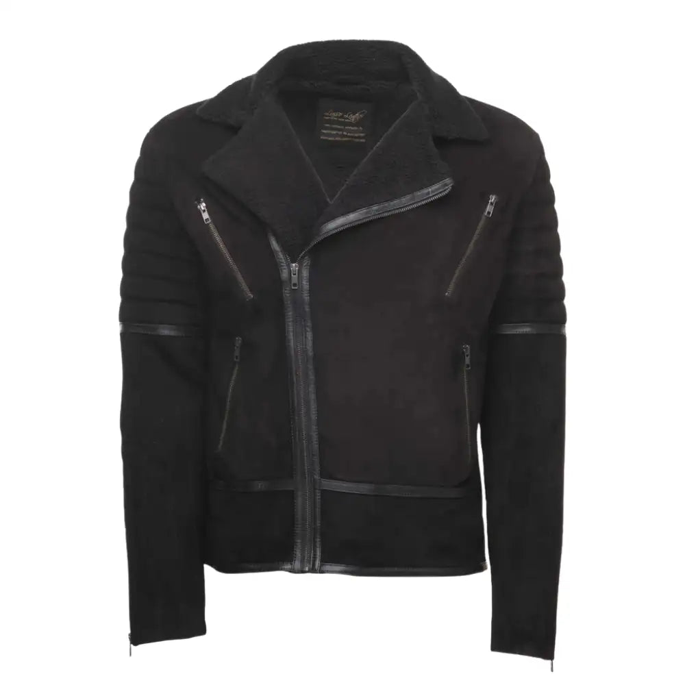 Front view of David Black Suede Leather Biker Jacket with asymmetrical zipper