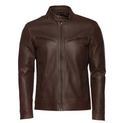 Declan Brown Café Racer Leather Jacket front view brown leather cafe racer jacket
